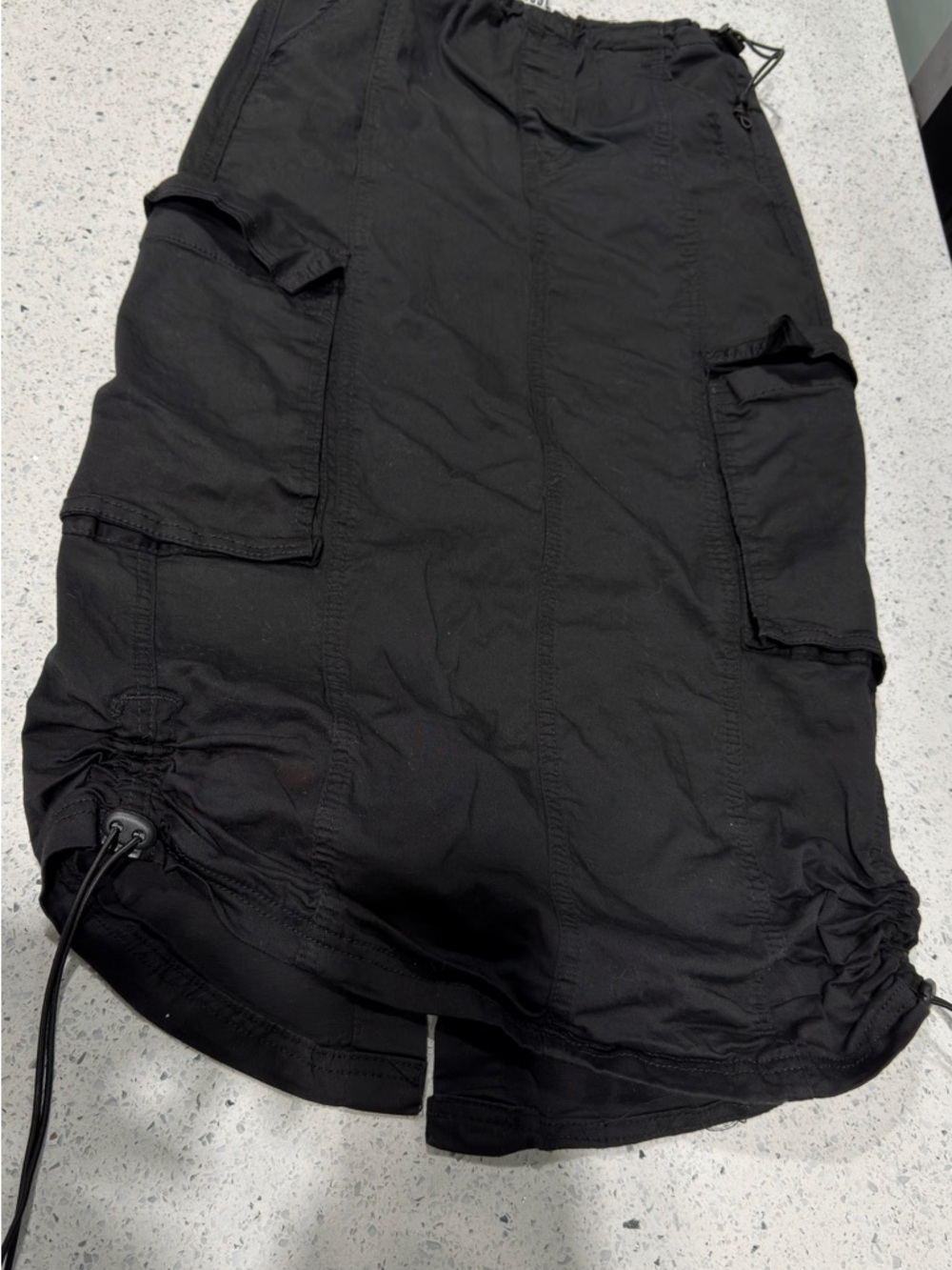 Black Cargo Midi Skirt with Drawcord Hem